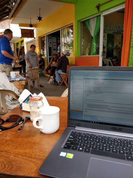 All play and no work leaves the cruising kitty empty so work over coffee at La Bruja brought in a few bucks