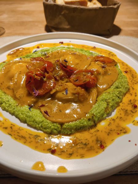 Prawn tortelli with courgette cream