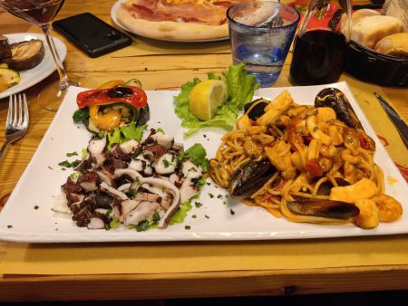Octopus salad and mixed seafood pasta