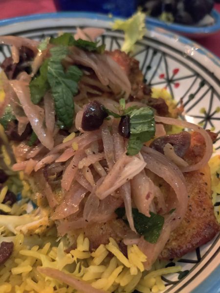 Mediterranean chicken and rice with olives and pickled onions