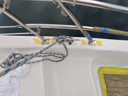 Labeled hardware on starboard stanchion